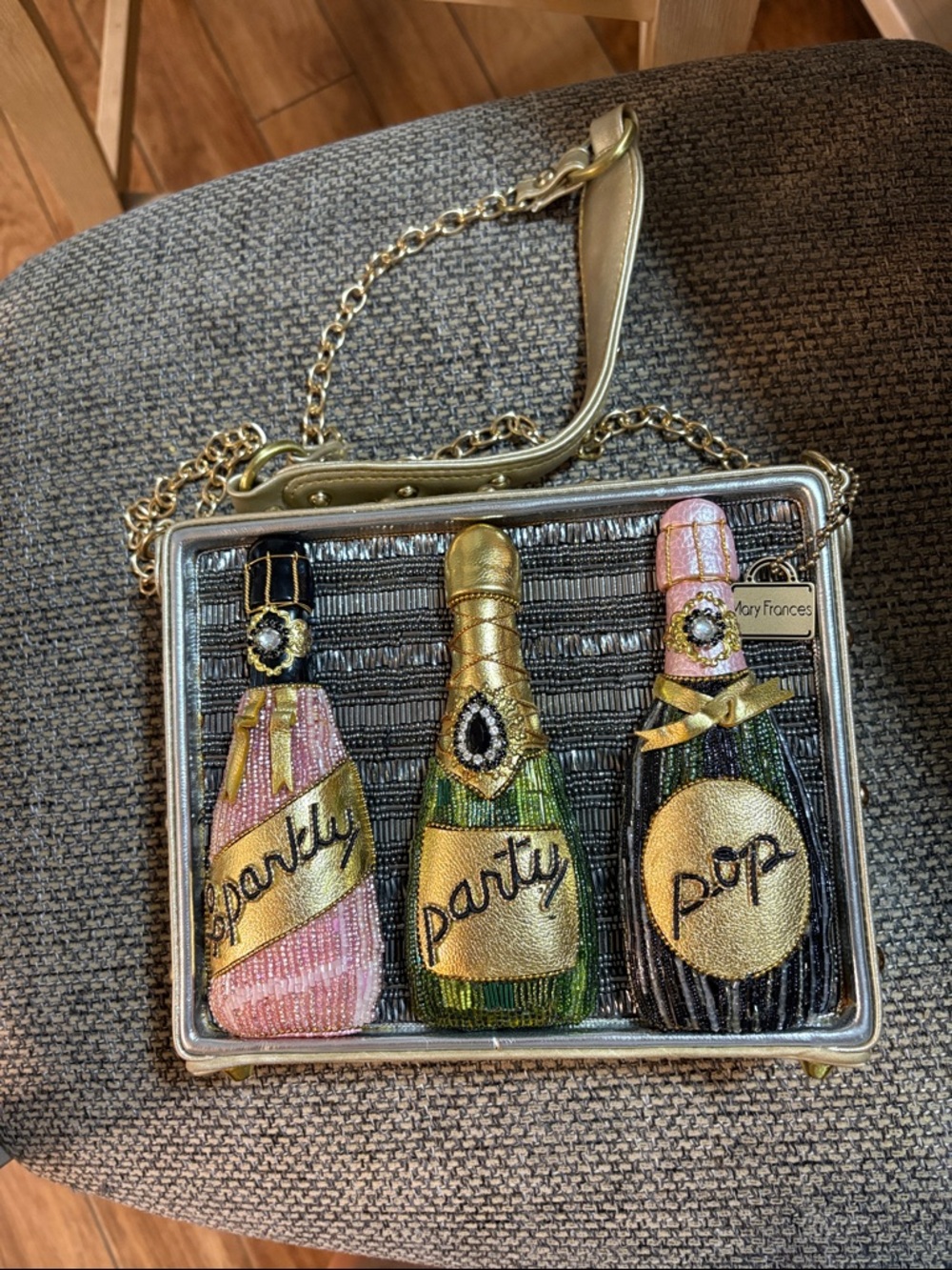 Mary Frances Pink, Gold & Green Champagne Bottle Novelty Crossbody